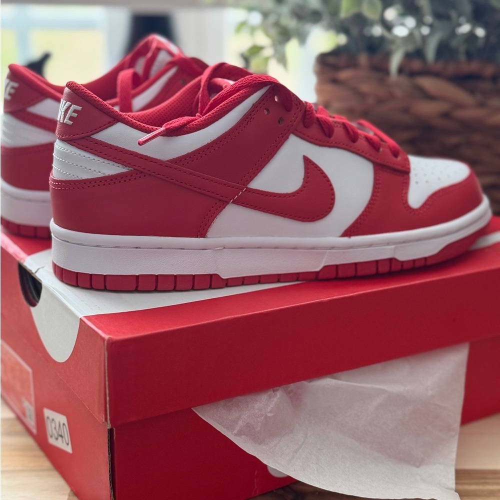 Nike Dunk Low-Top Sneakers in Red and White W- 8.5 Y-7